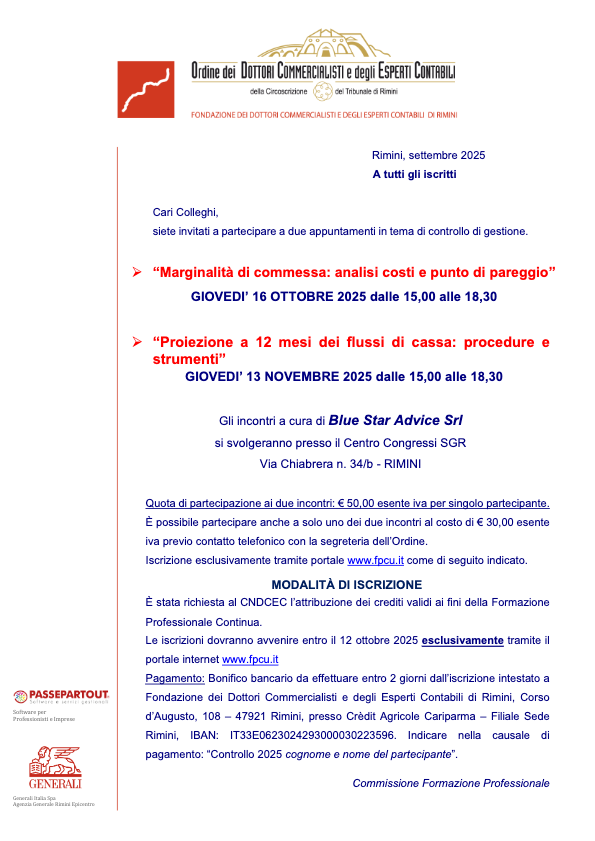 Due appuntamenti in tema di controllo di gestione